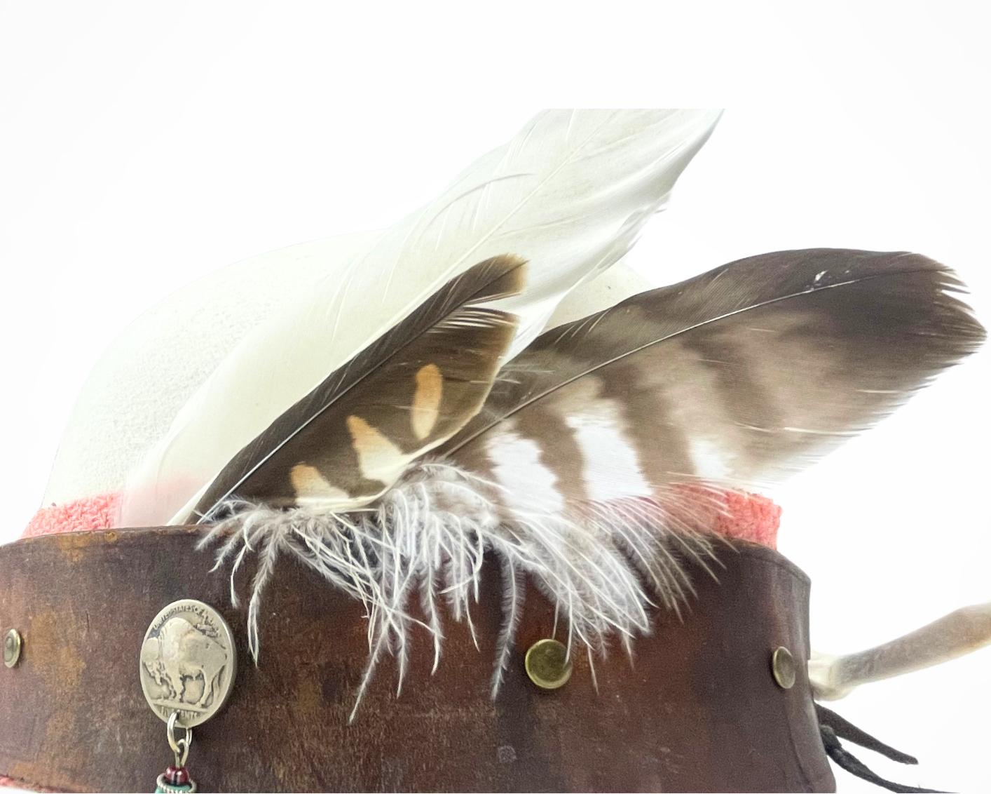 Tahatan hat, white fedora, feathers, native, reclaimed, leather, wool, sustainable hats, one of a kind, comfort, luxury, elegance, style